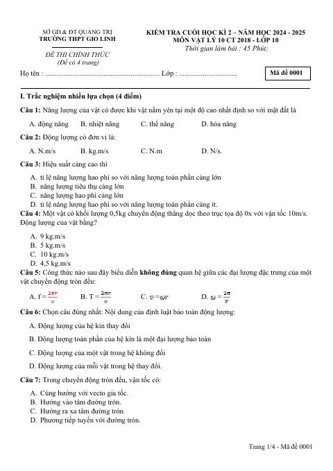 Đề thi Học kì 2 Vật lí 10 năm 2024-2025 trường THPT Gio Linh (Quảng Trị)